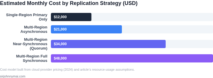 Bar chart showing estimated monthly cost for different cross‑region replication setups