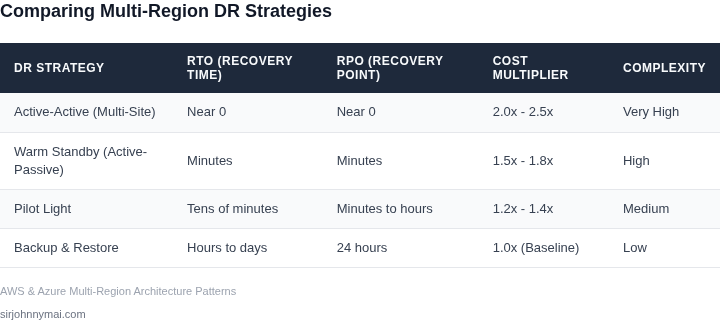 A comparison table of multi-region Disaster Recovery (DR) strategies showing recovery objectives, costs, and complexity.