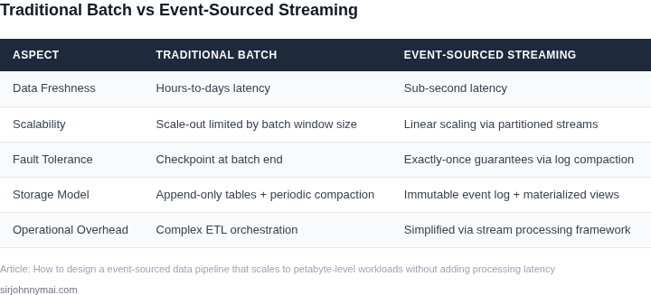 Side‑by‑side comparison of a traditional batch ETL pipeline versus an event‑sourced streaming pipeline for petabyte‑scale workloads.