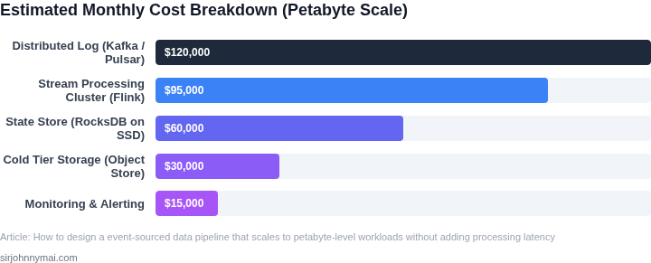 Bar‑chart style cost breakdown showing estimated monthly spend for core components of a petabyte‑scale event‑sourced pipeline.