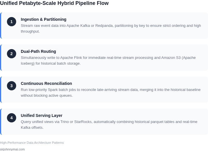 Four-stage architectural data flow diagram outlining the ingestion, speed, batch, and serving layers of the hybrid pipeline.
