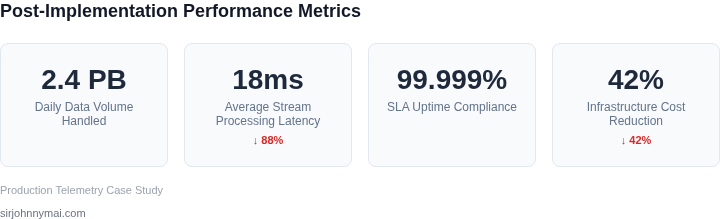 Dashboard metrics illustrating key-performance achievements after deploying the hybrid batch-streaming architecture.
