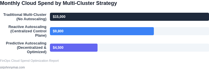 Bar chart comparing monthly cloud compute spend across different multi-cluster management approaches.