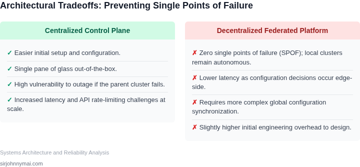 A comparison of Centralized Control Planes versus Decentralized Federated Architectures.