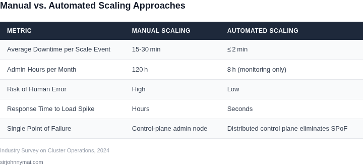 Side‑by‑side comparison of manual versus automated scaling approaches for multi‑cluster environments, highlighting differences in downtime, admin effort, and failure risk.