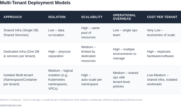 Side‑by‑side comparison of three multi‑tenant deployment models showing isolation, scalability, operational overhead, and cost per tenant.