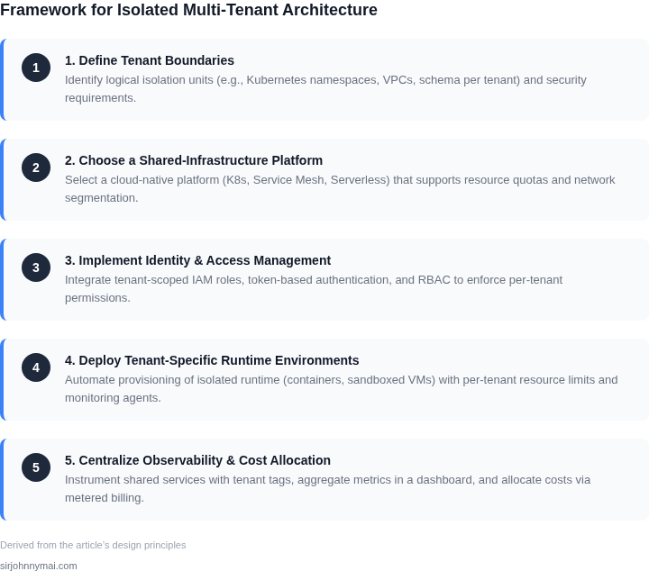 Numbered framework describing the step‑by‑step process to build an isolated multi‑tenant architecture on shared infrastructure.