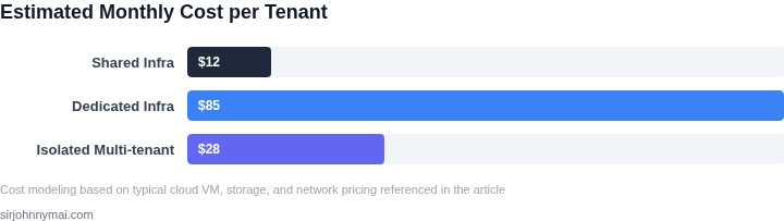 Bar chart illustrating estimated monthly cost per tenant for three deployment approaches.