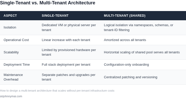 Side‑by‑side comparison of single‑tenant and multi‑tenant architectural approaches.