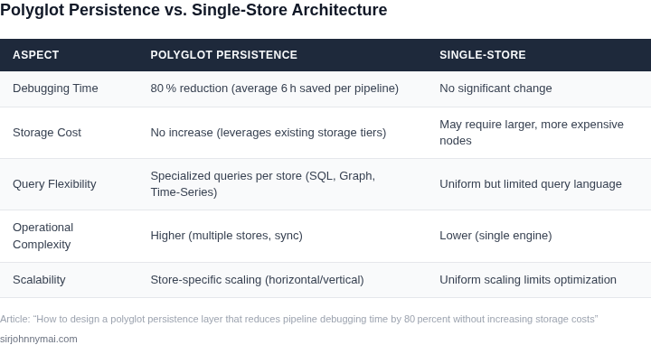 Side‑by‑side table comparing key characteristics of a polyglot persistence architecture with a traditional single‑store approach.