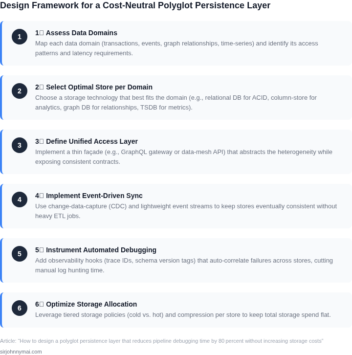 Numbered step‑by‑step framework for building a polyglot persistence layer that cuts debugging time dramatically while keeping storage spend flat.