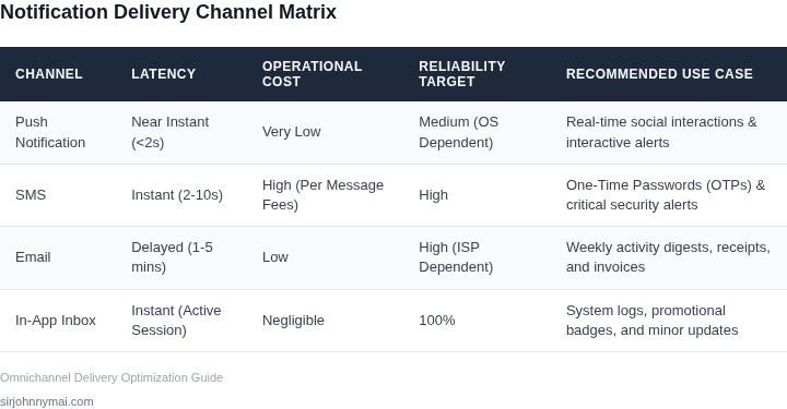 A matrix table comparing Push Notifications, SMS, Email, and In-App Inbox channels across latency, operational costs, reliability, and standard use cases.