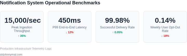 Dashboard metrics showing a scale-ready notification system's peak throughput, latency, successful delivery rates, and low opt-out counts.