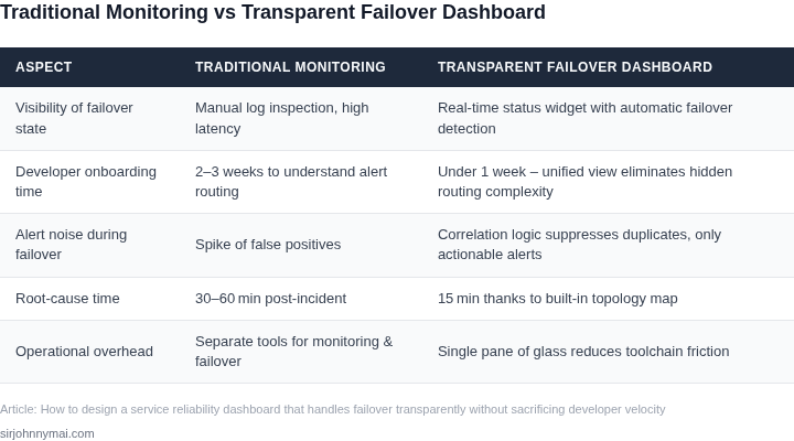 Side‑by‑side comparison of a traditional monitoring stack versus a transparent failover‑aware reliability dashboard.
