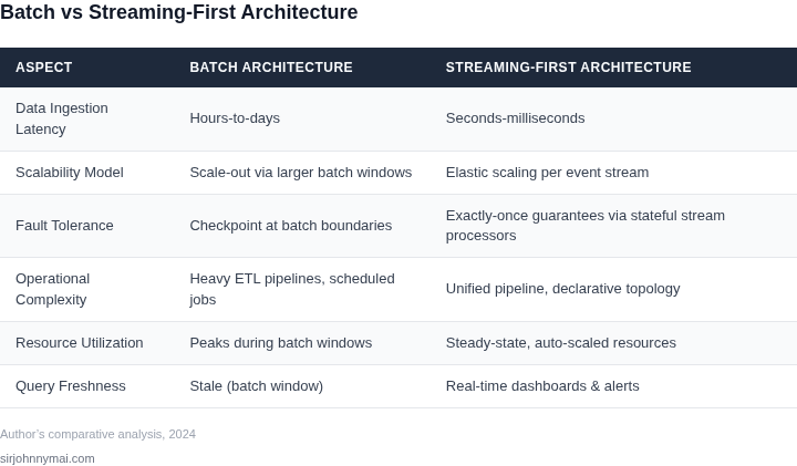 Side‑by‑side comparison of batch‑oriented architecture versus a streaming‑first architecture across key dimensions such as latency, scalability, and operational overhead.