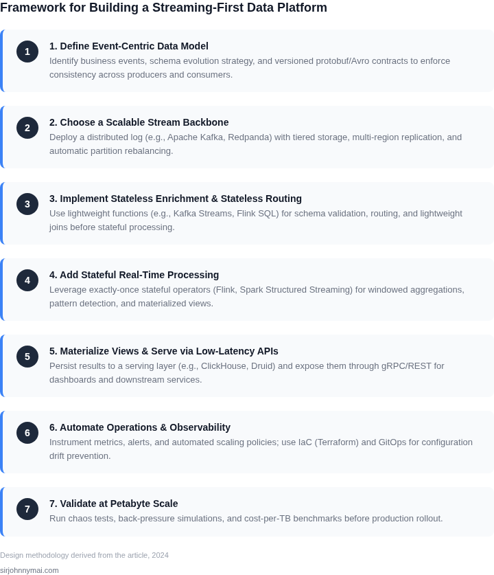 Numbered framework outlining the essential steps to design a streaming‑first data platform that can handle petabyte‑scale workloads while keeping operations simple.