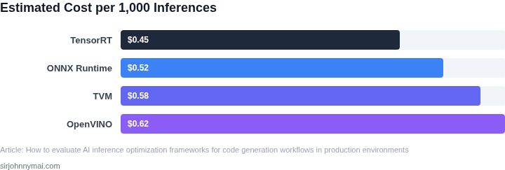 Bar chart showing estimated cost per 1,000 inferences for each optimization framework when deployed on a typical GPU instance.