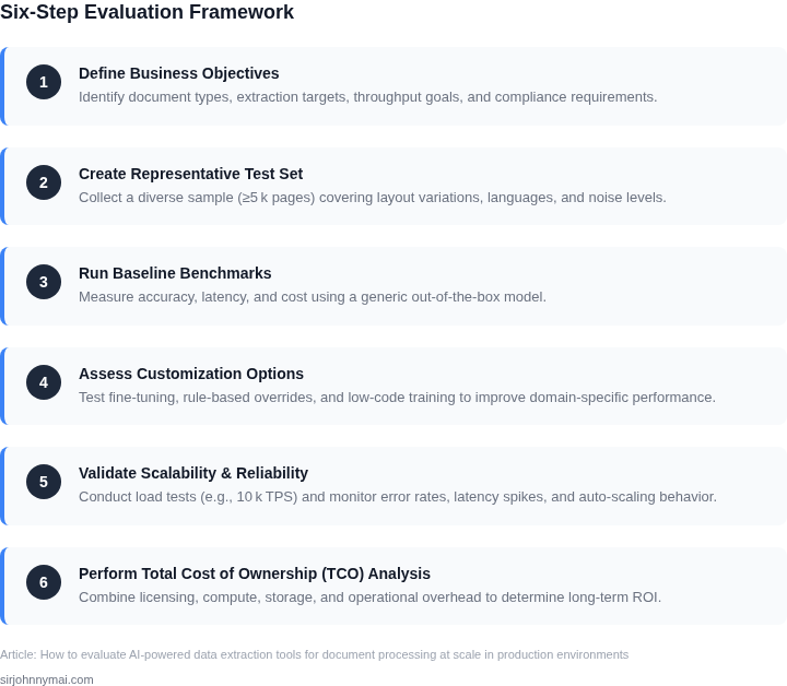 Numbered framework outlining the six-step process for evaluating AI‑driven extraction solutions in production.