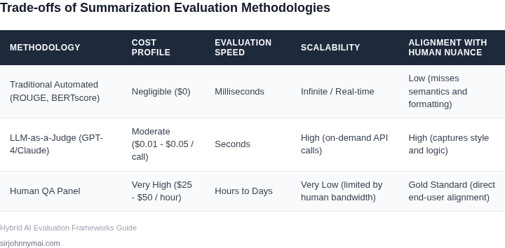 A side-by-side comparison table analyzing automated metrics, LLM-as-a-Judge, and human evaluation methods across cost, speed, scalability, and qualitative accuracy.