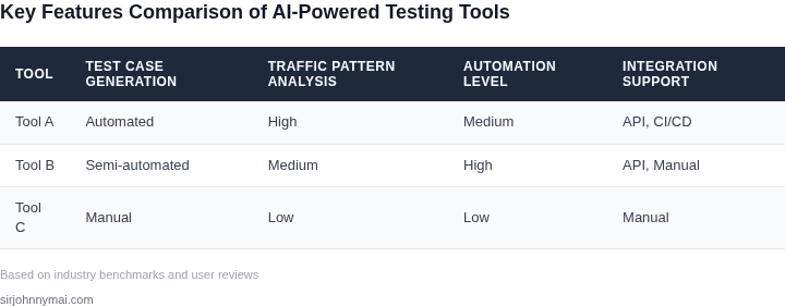 Comparison table of AI-powered testing tools based on key features