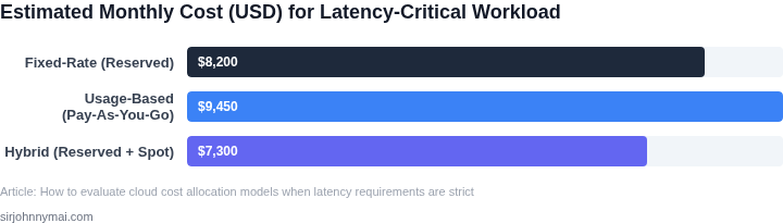 Bar chart showing estimated monthly cost for a latency‑critical workload under three allocation models