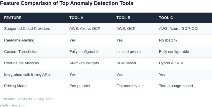 Side‑by‑side feature comparison of three cloud cost anomaly detection tools
