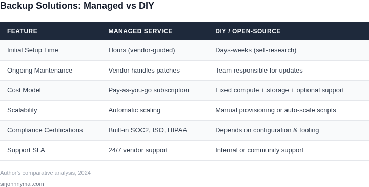 Side‑by‑side comparison of key features between managed backup services and DIY cloud‑native backup solutions.