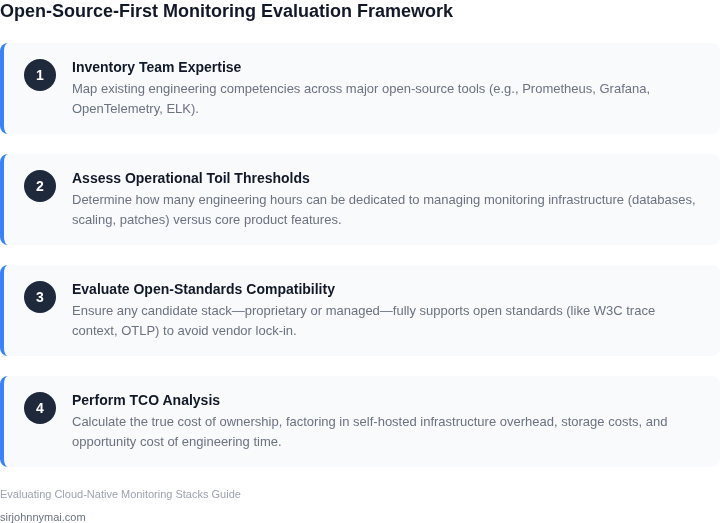 A 4-step framework for evaluating cloud-native monitoring stacks when team expertise heavily favors open source.