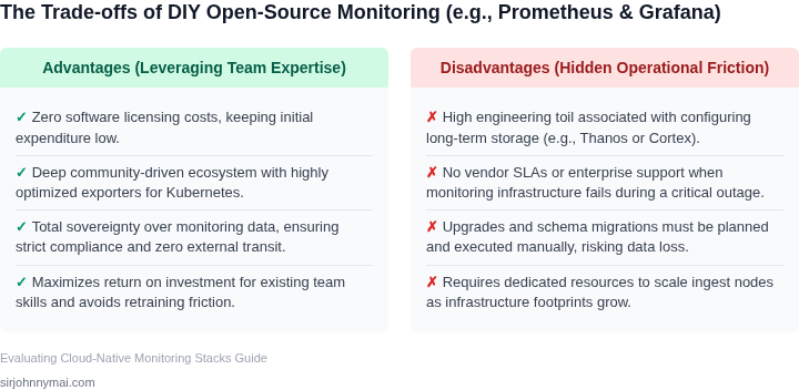 A comparison of the pros and cons of utilizing a DIY Open Source monitoring stack.
