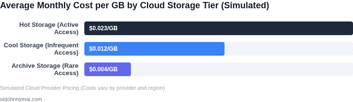 A bar chart comparing the typical monthly cost per gigabyte for different cloud storage tiers, illustrating the significant price difference between hot, cool, and archive storage, which drives budget savings.
