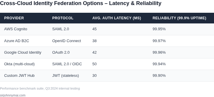 Side‑by‑side comparison of identity‑federation options across major cloud providers, highlighting latency, protocol overhead, and reliability.
