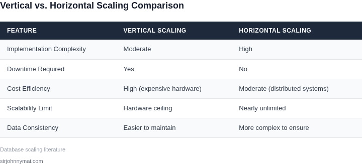 Comparison table of vertical scaling vs. horizontal scaling strategies
