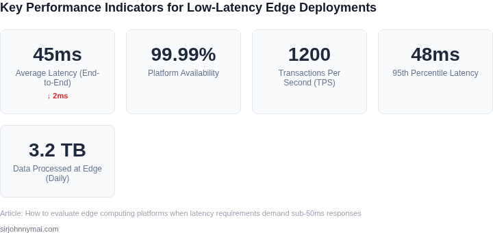 A dashboard displaying critical performance metrics for an edge computing platform, highlighting current latency, availability, and throughput.