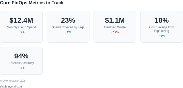 Dashboard‑style display of key cost metrics to monitor once a FinOps tool is in place, showing current values and recent direction.