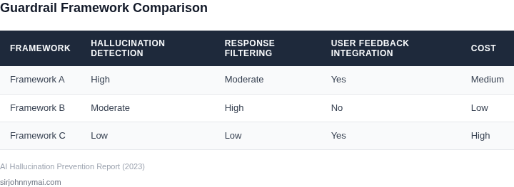 Side-by-side comparison of guardrail frameworks for preventing AI hallucinations