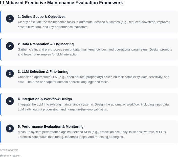 Diagram showing a multi-step framework for evaluating LLM-based workflow automation in predictive maintenance, including defining scope, data preparation, model selection, integration, and monitoring.