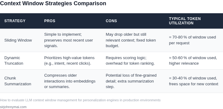 Side‑by‑side comparison of three common context‑window strategies for personalization engines.