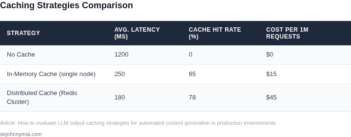 Side‑by‑side table comparing three LLM output caching strategies across latency, hit rate, and cost.