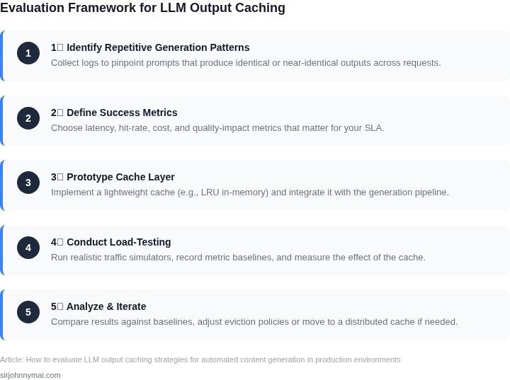 Numbered framework outlining the step‑by‑step process to evaluate LLM output caching in production.