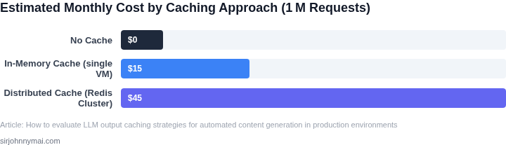 Bar chart showing the estimated monthly cost for three caching approaches when handling one million LLM generation requests.