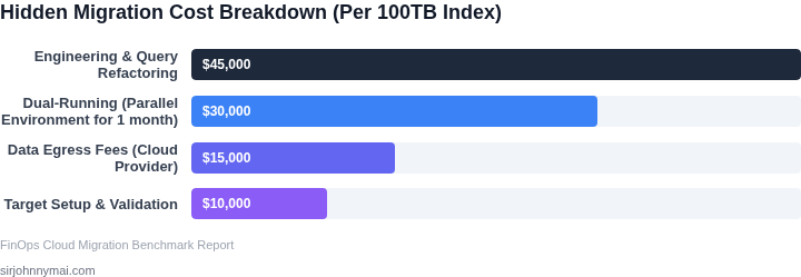 Bar chart displaying the estimated hidden cost breakdown of migrating a 100TB Elasticsearch cluster to an alternative provider.