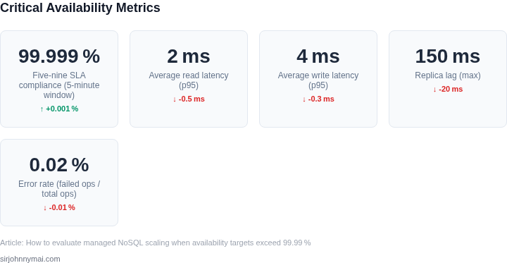 Key operational metrics to monitor when targeting >99.99 % availability for a managed NoSQL workload.