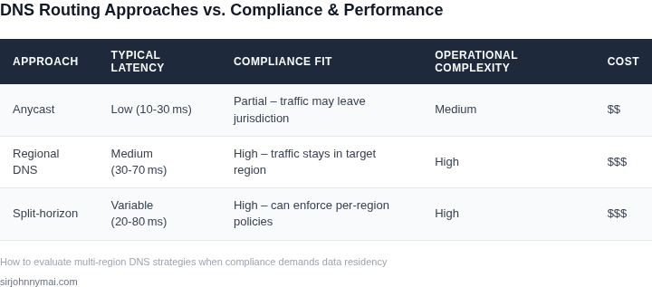 Side‑by‑side comparison of three DNS routing approaches—Anycast, Regional DNS, Split‑horizon—against latency, compliance, operational complexity and cost.
