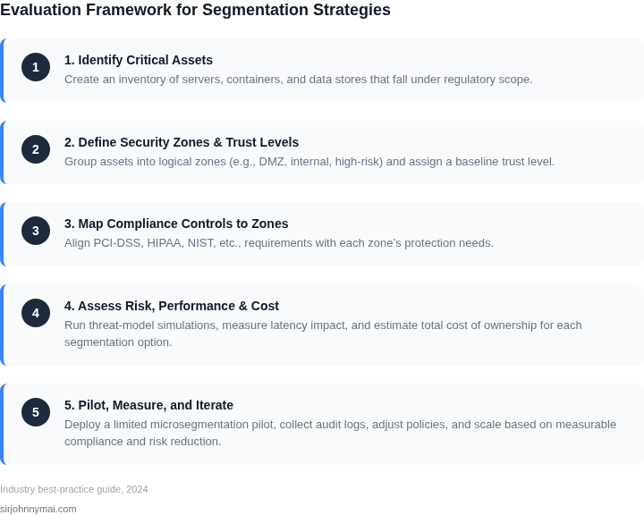 Numbered framework outlining five steps to evaluate network segmentation strategies when compliance audits require microsegmentation.