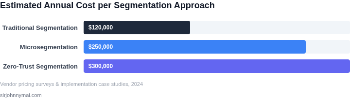 Bar chart data showing estimated annual costs for traditional segmentation, microsegmentation, and zero‑trust segmentation, broken down by licensing, implementation, and ongoing operations.
