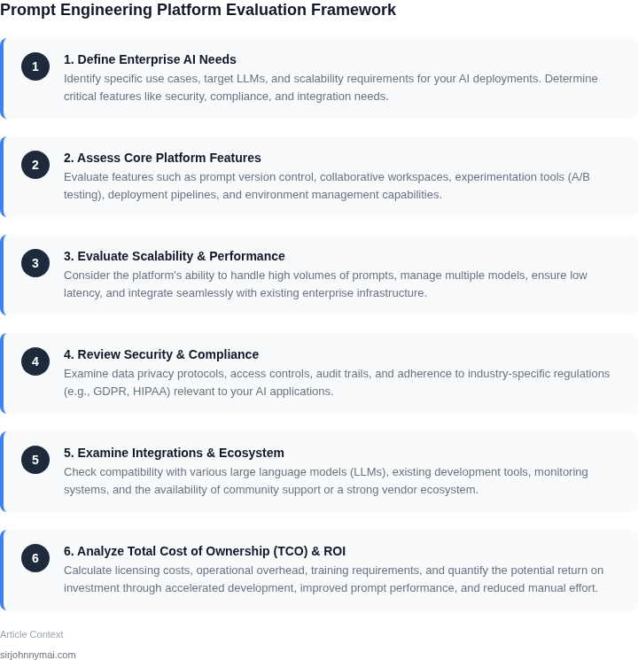 A step-by-step framework outlining the key stages for evaluating prompt engineering platforms for enterprise AI.