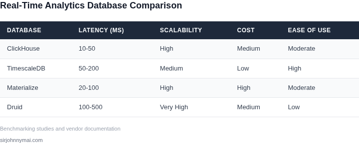 Comparison table of real-time analytics databases