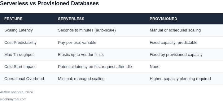 Side‑by‑side table comparing key attributes of serverless and provisioned databases for unpredictable traffic workloads.