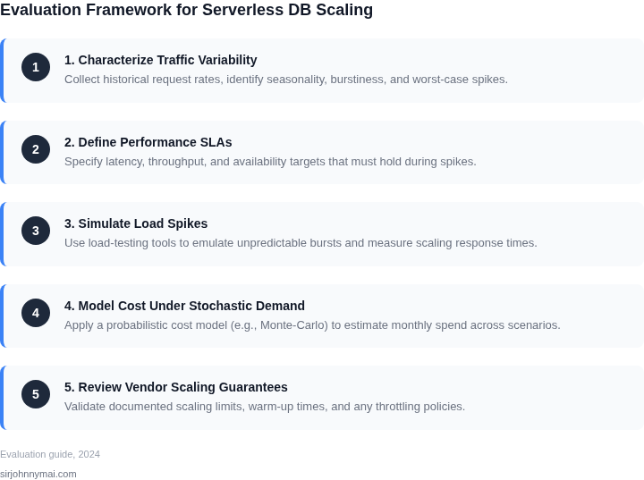 Numbered step‑by‑step framework for evaluating serverless database scaling under highly unpredictable traffic patterns.