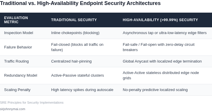 Side-by-side comparison of traditional security architectures and high-availability-optimized endpoint security models.